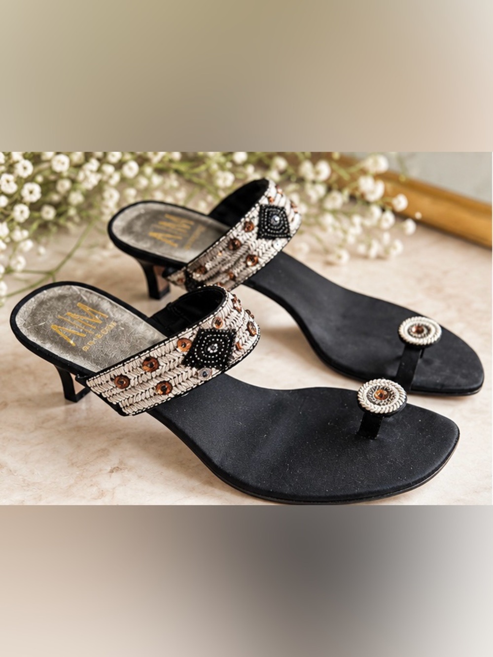 Ann Marino Black Beaded Embellished Kitten Heel Sandals Size 10  Y2K Boho Glam